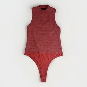 Lulus Dusty Rose Smocked Mock Neck Sleeveless Bodysuit – Size M